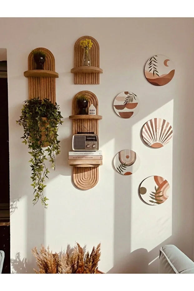 Semplice Duvar Rafı Seti Ve Dekoratif Oval 5 Parça Tablo Seti